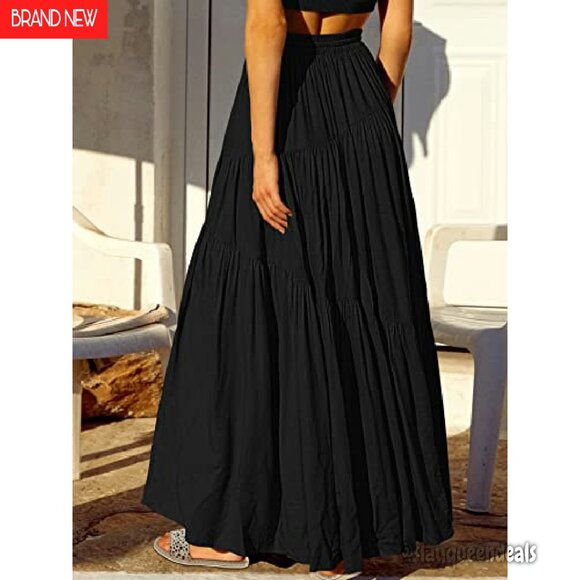 Boho Elastic Waist Pleated A-Line Maxi Skirt with Pockets - Picture 5 of 8